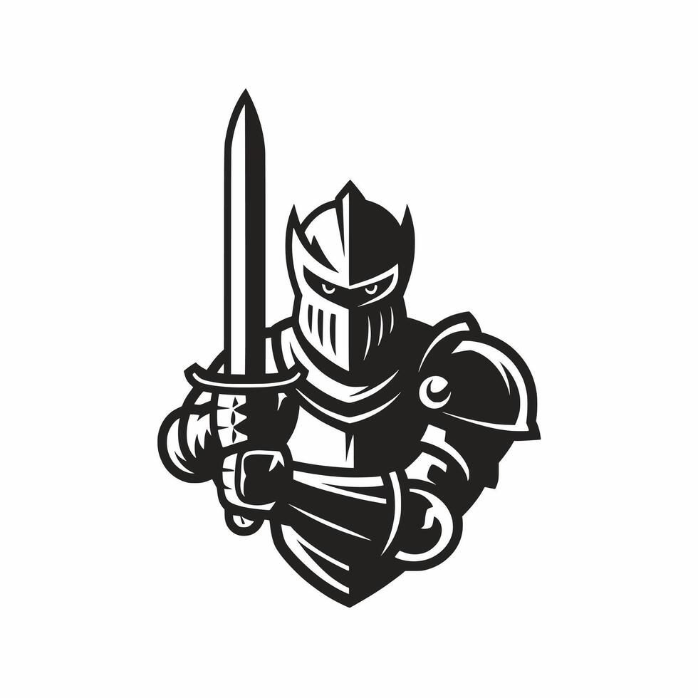 knight standing hold sword logo illustration design black and white vector