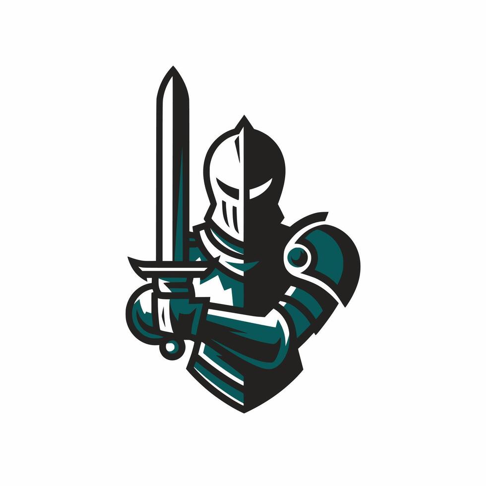 knight standing hold sword logo illustration design vector