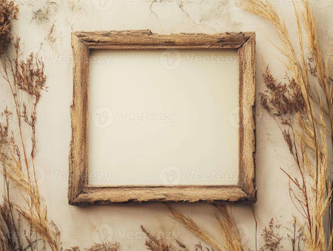 A rustic wooden frame surrounded by dried plants on a textured background. photo