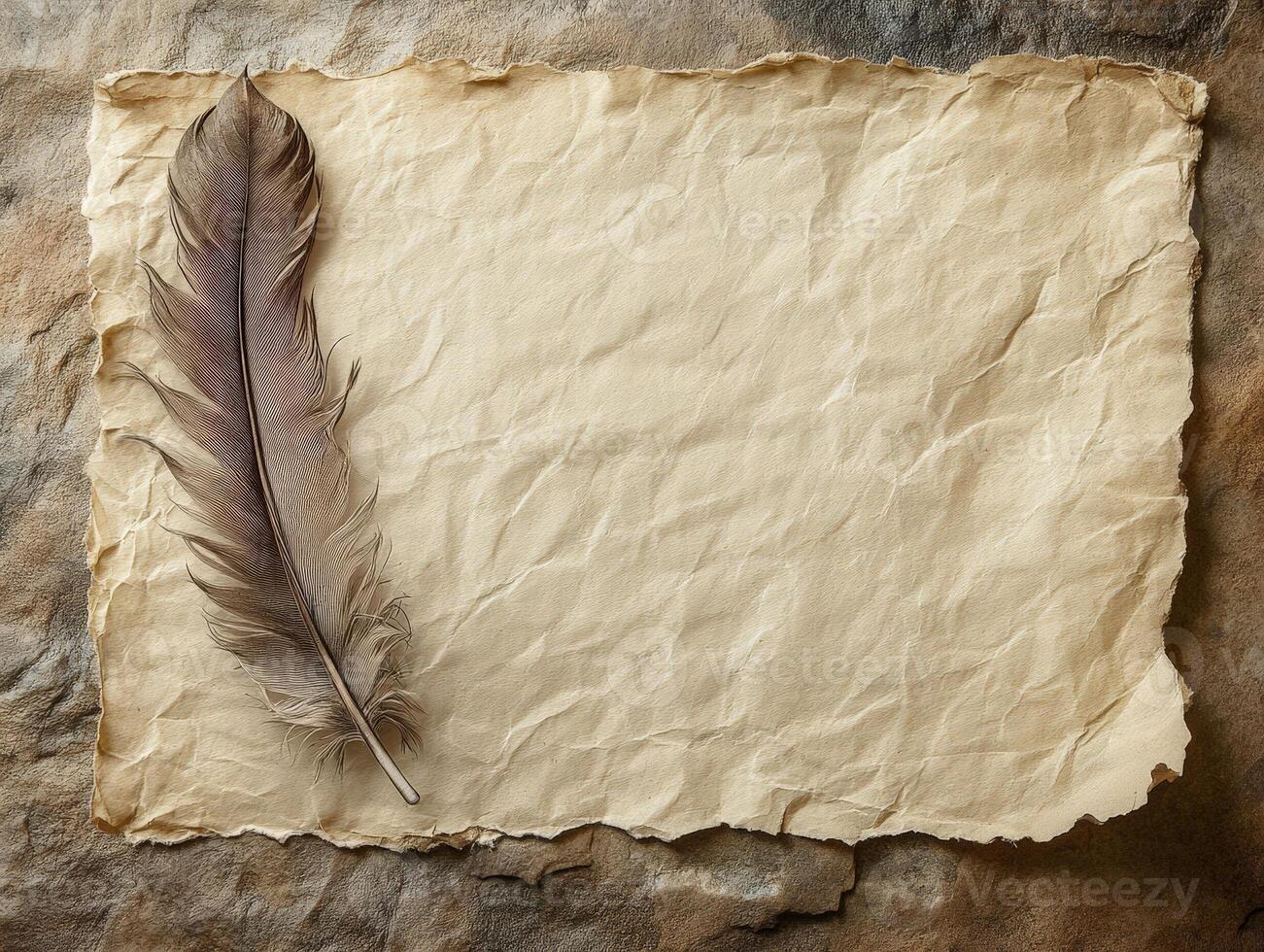A textured, aged parchment with a single feather, evoking a sense of nostalgia and creativity. photo