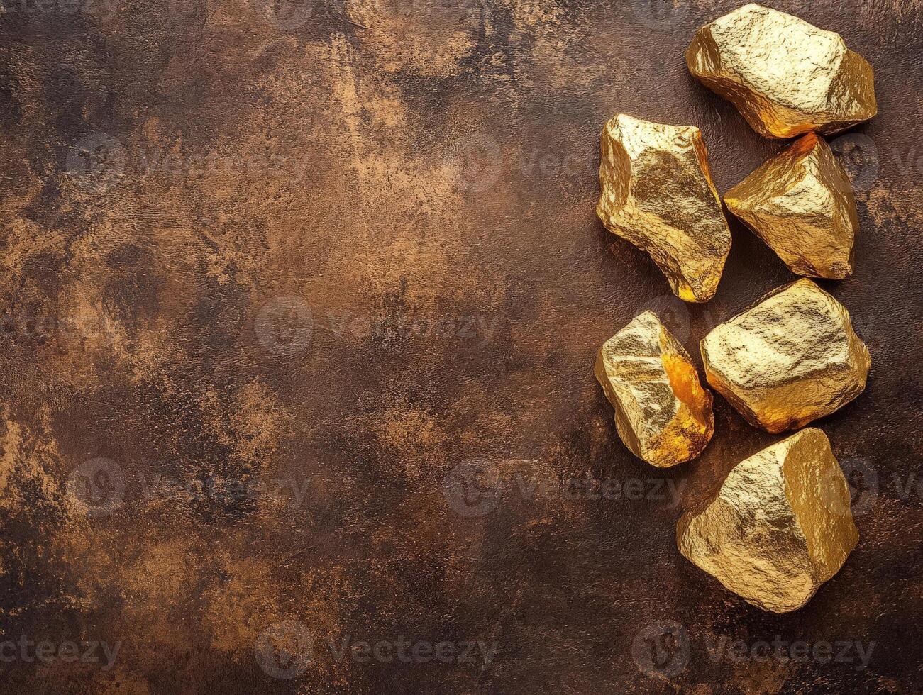 A collection of gold nuggets on a textured brown surface, symbolizing wealth and prosperity. photo