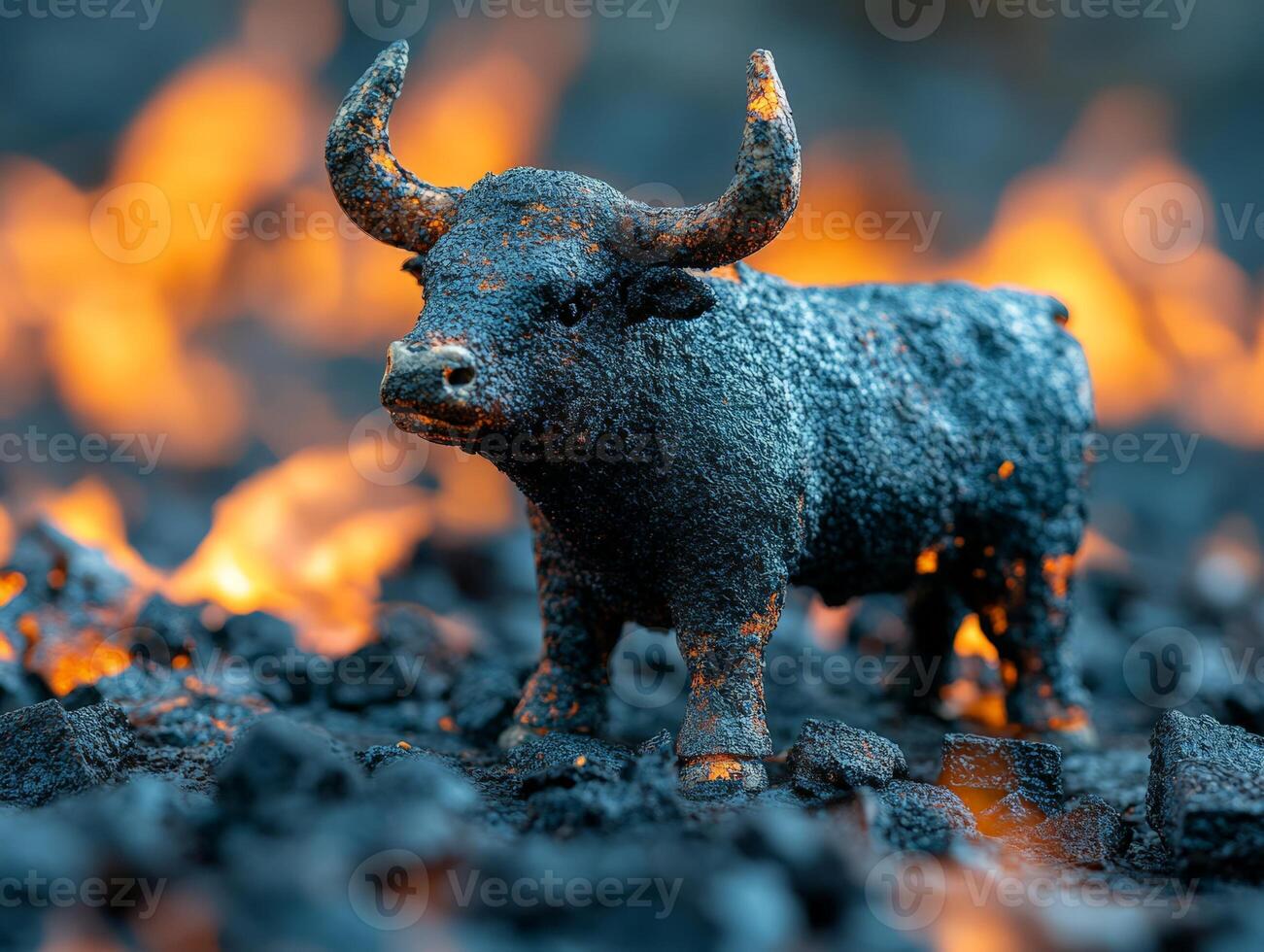 A textured bull figurine stands on dark volcanic rock with glowing orange flames in the background. photo