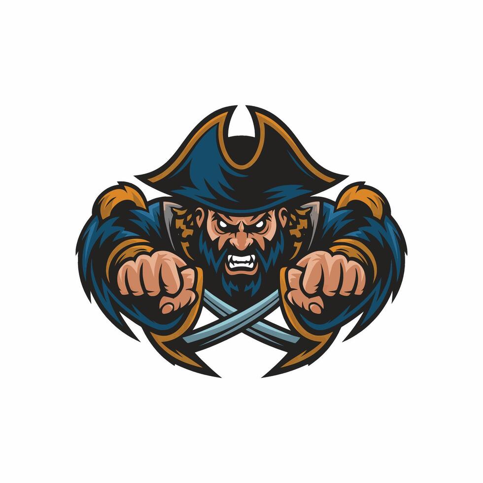 pirate angry pose attacking with punch design logo illustration vector