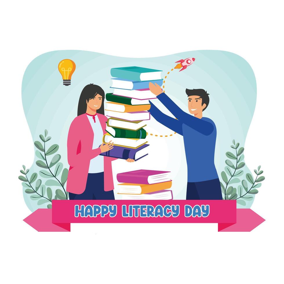 a boy and a girl are stacking up and collecting books to read together. Happy Literacy Day on the of September. Flat modern illustration vector
