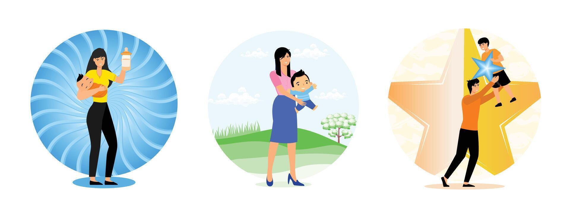 Mother Feeding Baby with Bottle. Mother Holding Son in Green Park. Father Lifting Child Holding Star. Set flat modern illustration vector