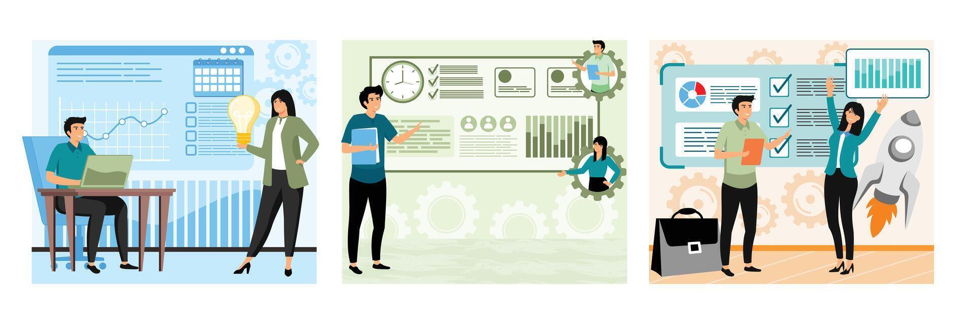 Business Team Collaboration. Data Analysis and Business Strategy. Business Success with Achieved Goals and Growth. Set flat modern illustration vector