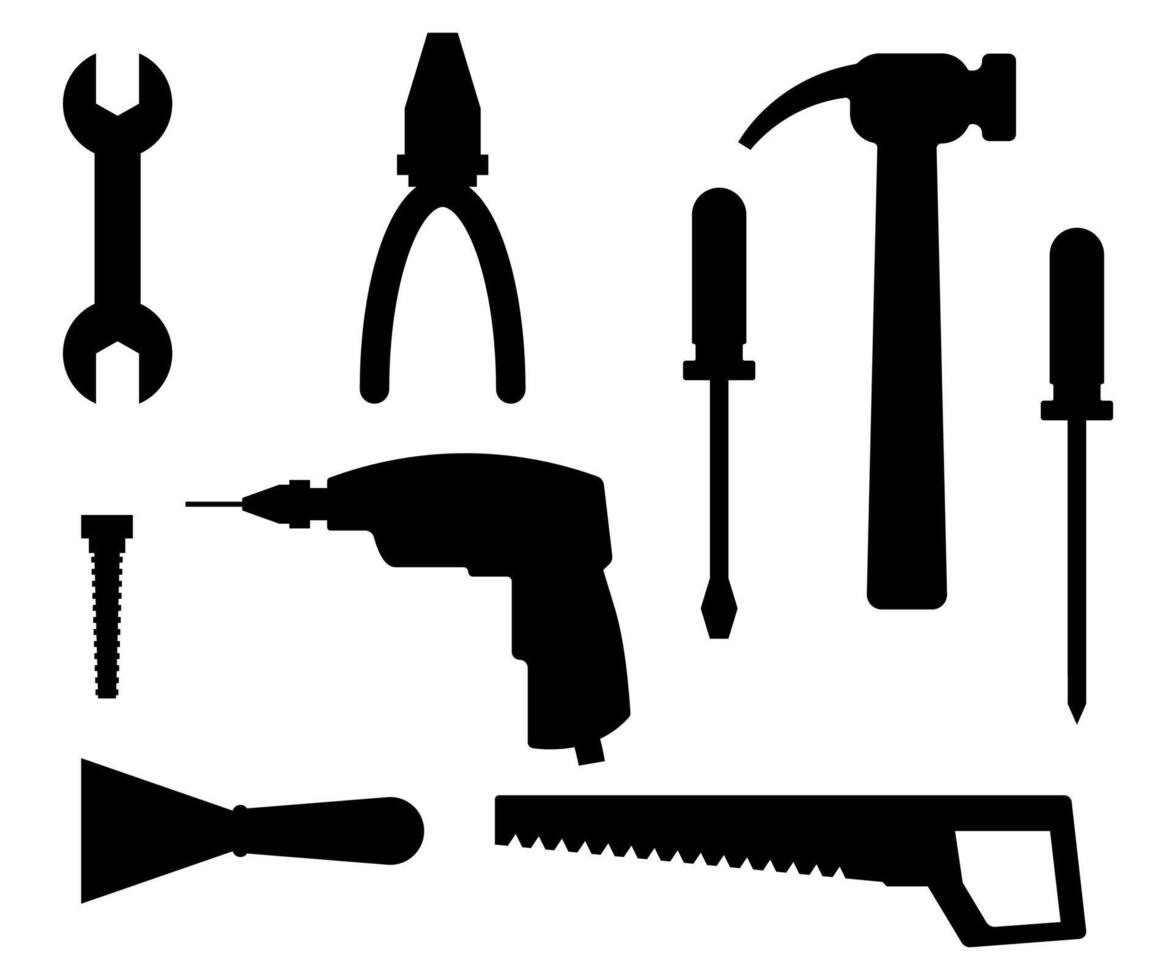 Mechanic tool set - construction instrument silhouette vector