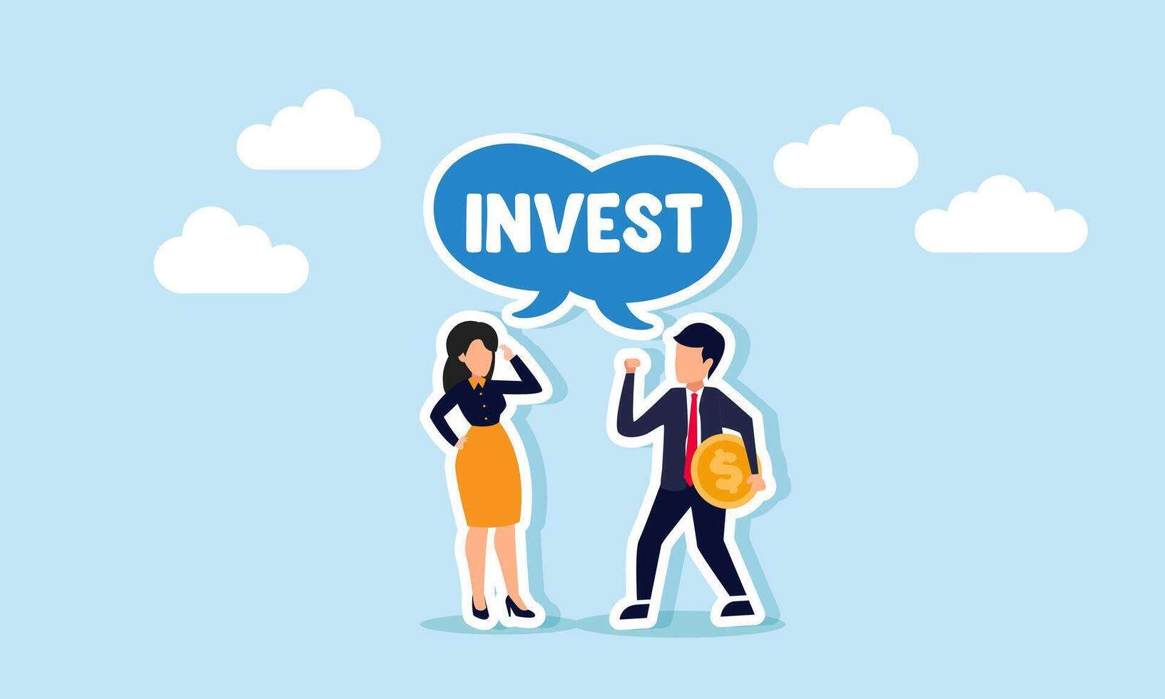 A businessman holding a dollar coin and a businesswoman sharing about investment, illustration of exchanging thoughts on ideas and business investment strategies vector