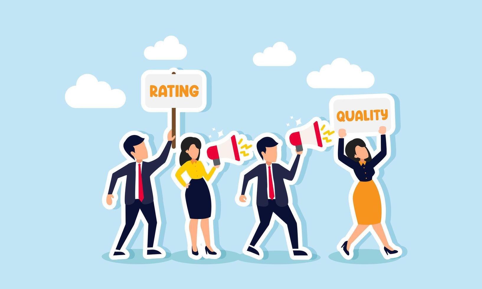 Several businessmen protest carrying boards with the words RATING and QUALITY, illustration of a demonstration demanding improvements in business product quality vector