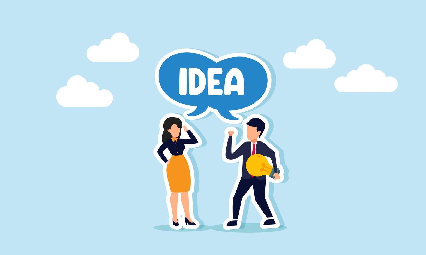 A businessman holding a lamp and a businesswoman sharing an idea, illustration of exchanging thoughts on creativity, ideas, and business innovation vector