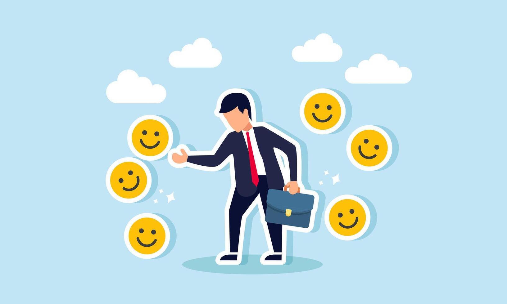 Businessman saluting several happy emoticons surrounding him, illustration of happiness from positive responses and attention from the market vector