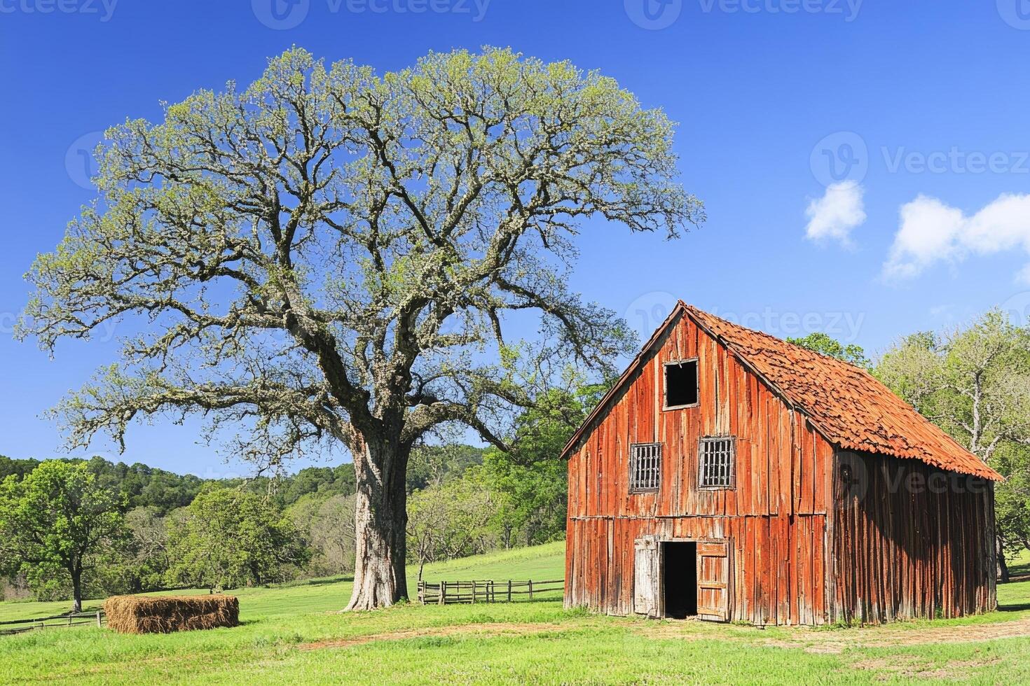 A rustic red barn beside a large tree in a green landscape under a clear blue sky. photo