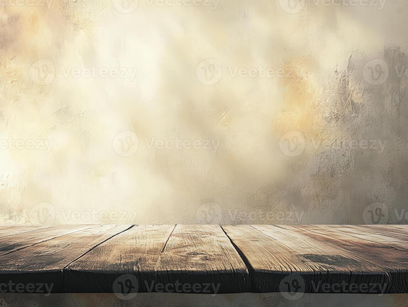 A wooden tabletop against a softly lit, textured background, ideal for product displays. photo