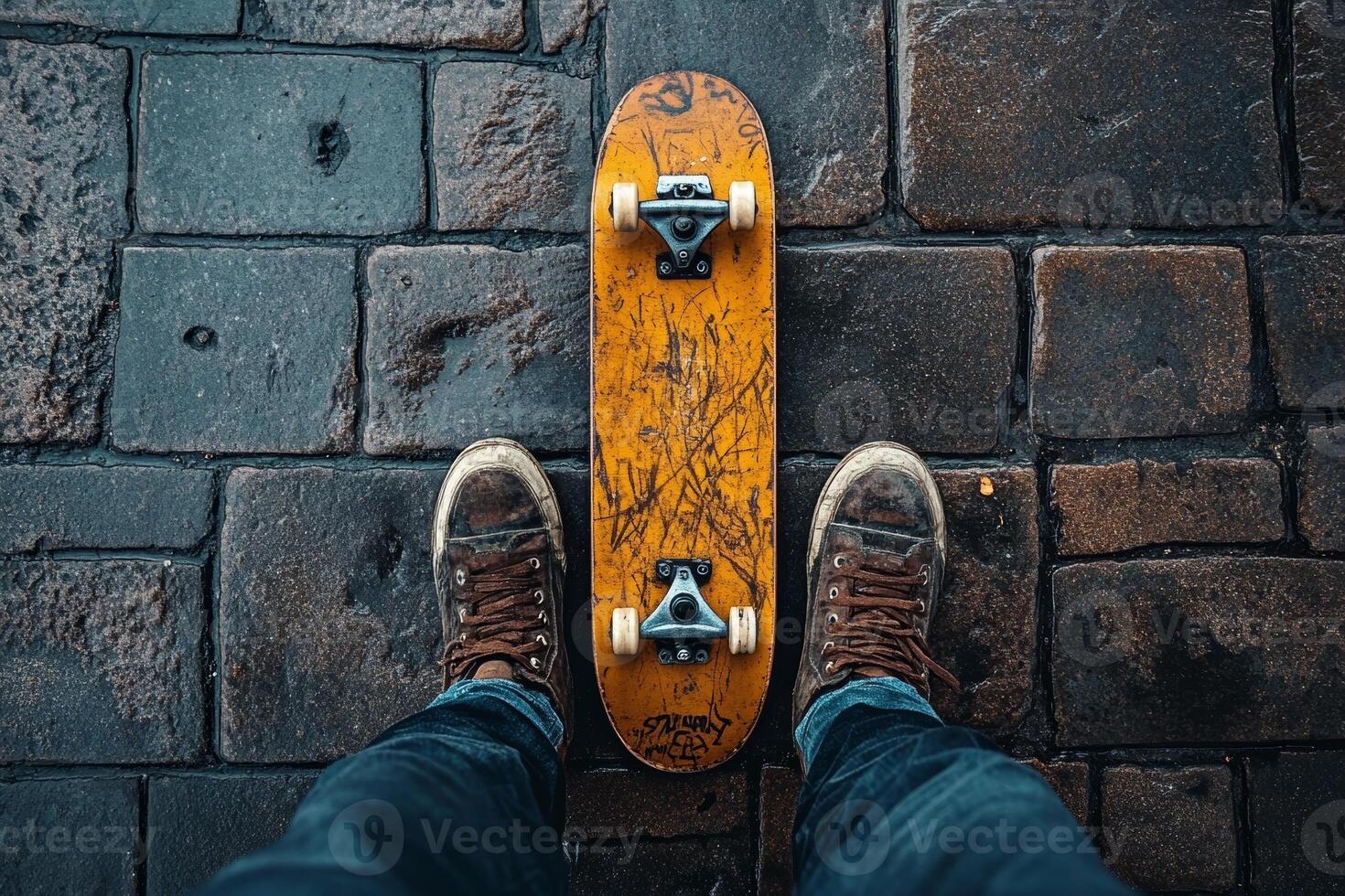 A person standing on a skateboard on cobblestone pavement. photo
