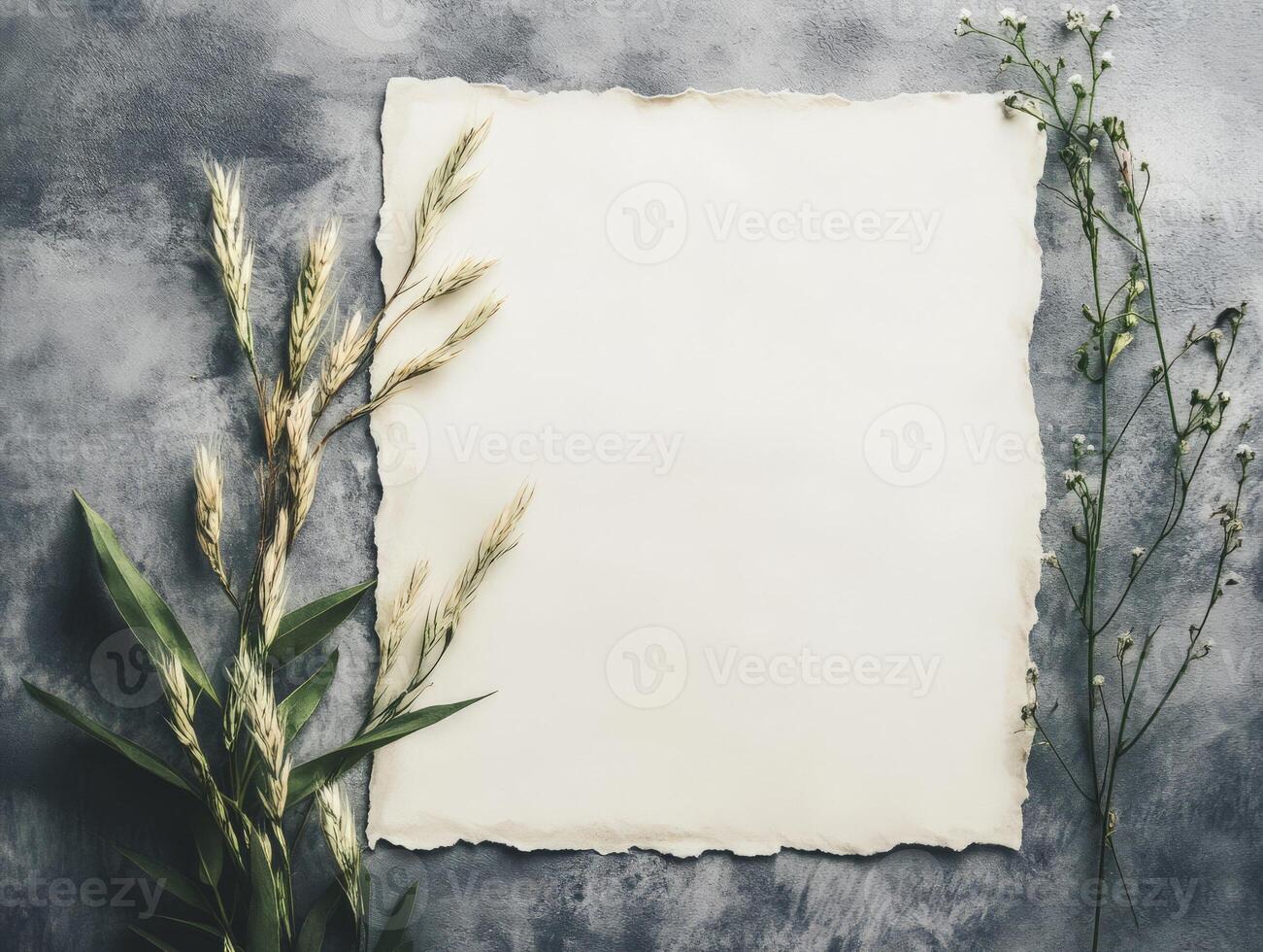 A blank sheet of paper surrounded by decorative plants on a textured background. photo