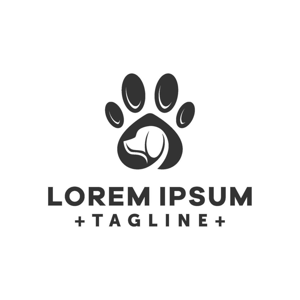Dog paw print logo illustration. Paw print with a dog head. Pet care clinic logo. Animal health care sign. vector