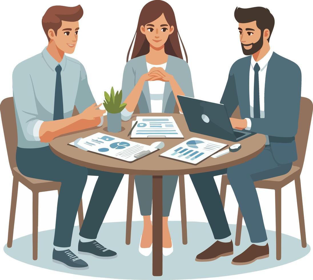 Partners meeting for business discussion with documents and laptop on desk illustration vector