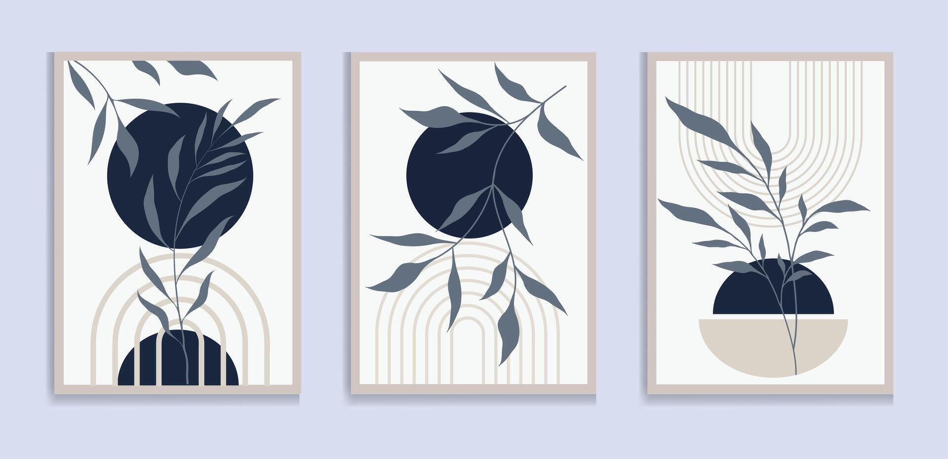 Botanical green wall art set. Boho foliage line art drawing with abstract shape. Abstract Plant Art design for print, cover, wallpaper, Minimal and natural wall art. vector