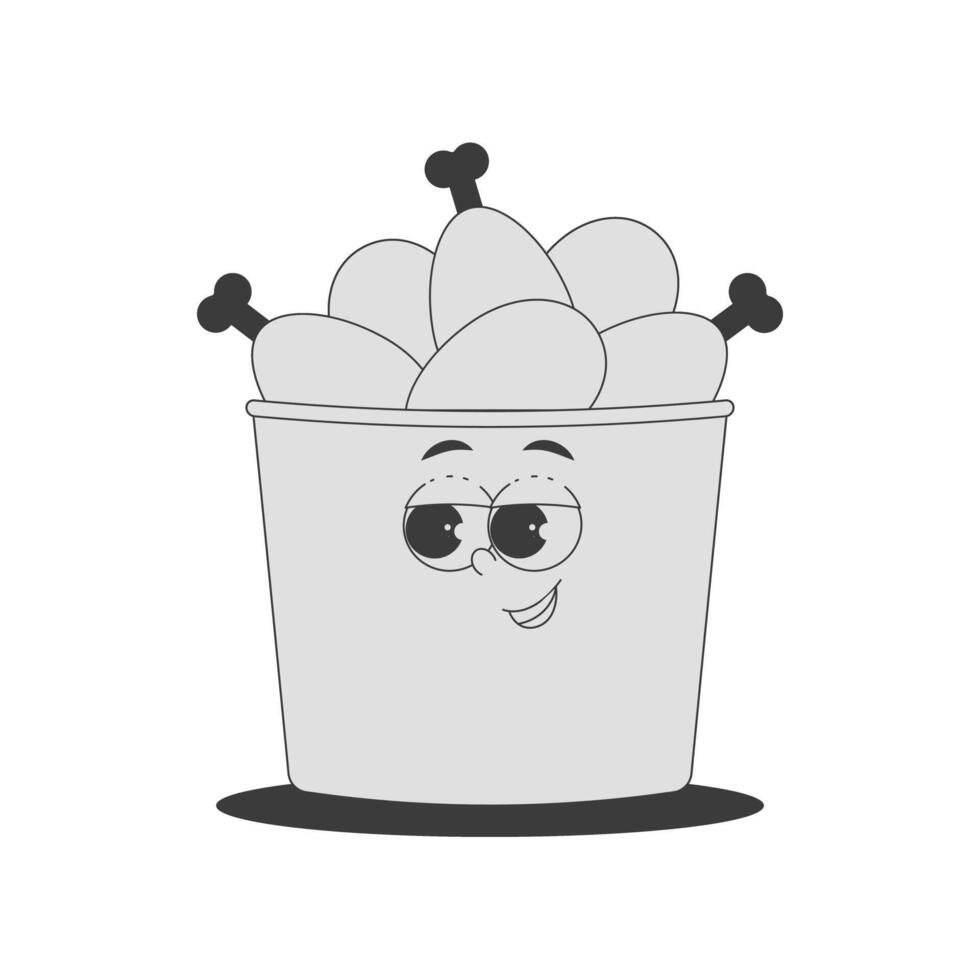 Funky character chicken thighs in box in trendy retro groovy style. Psychedelic fast food mascot with face. Cool sticker in black monochrome palette vector