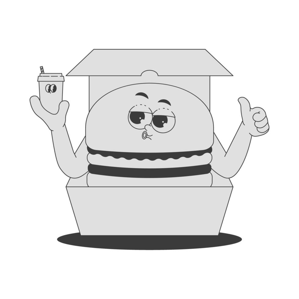 Funky burger character with drink in lunch box in trendy retro groovy style. Psychedelic fast food mascot with face and hands. Cool sticker in black monochrome palette vector