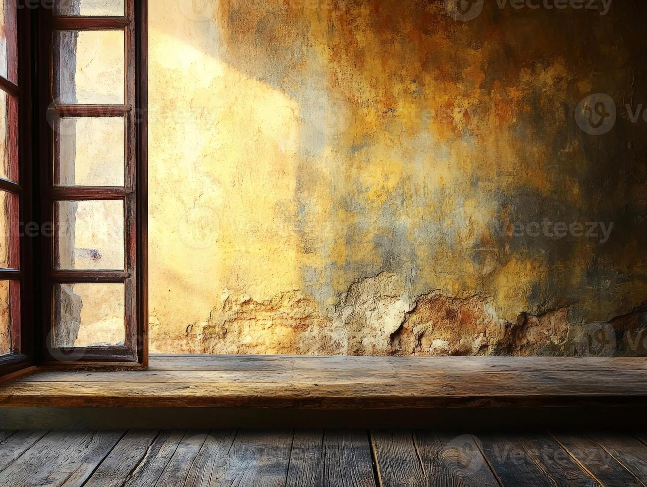 A rustic interior with a wooden window and textured walls, creating a warm atmosphere. photo