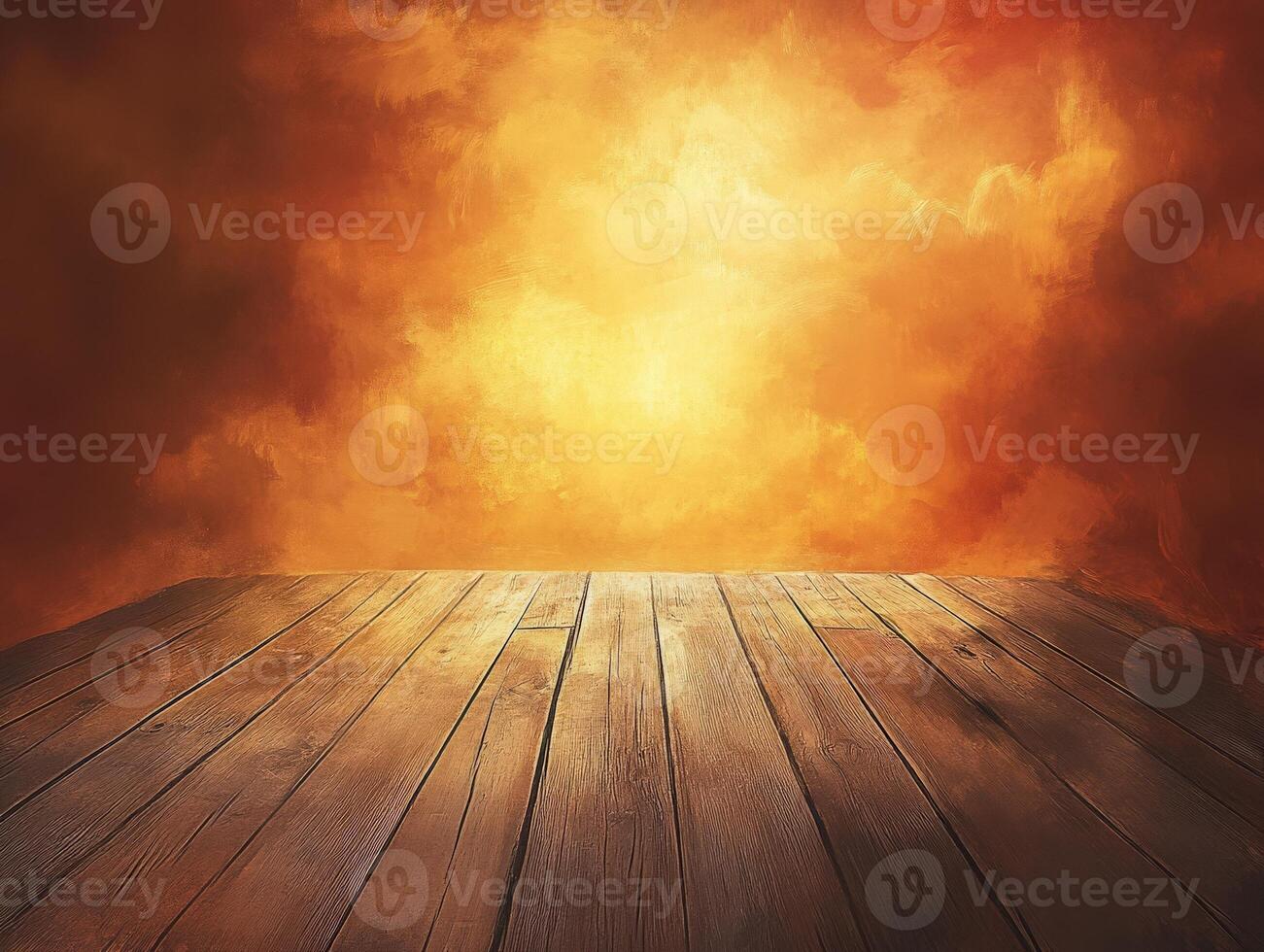 A wooden surface against a dramatic, fiery sky backdrop, suggesting warmth and energy. photo