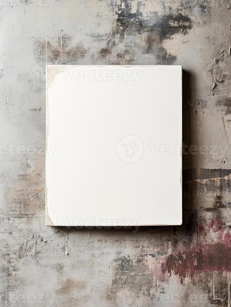 A blank canvas mounted on a textured wall, ready for artistic expression. photo