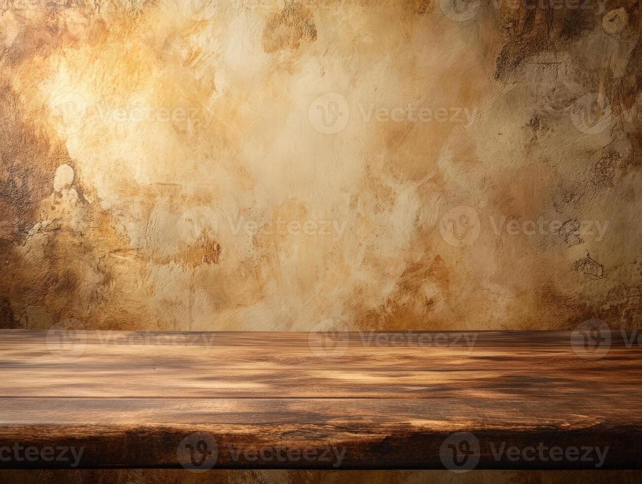 A textured wooden surface against a warm, abstract background, ideal for product displays. photo