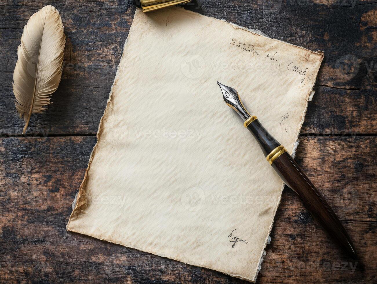 A vintage writing setup with a feather quill, ink pen, and blank parchment on a wooden surface. photo