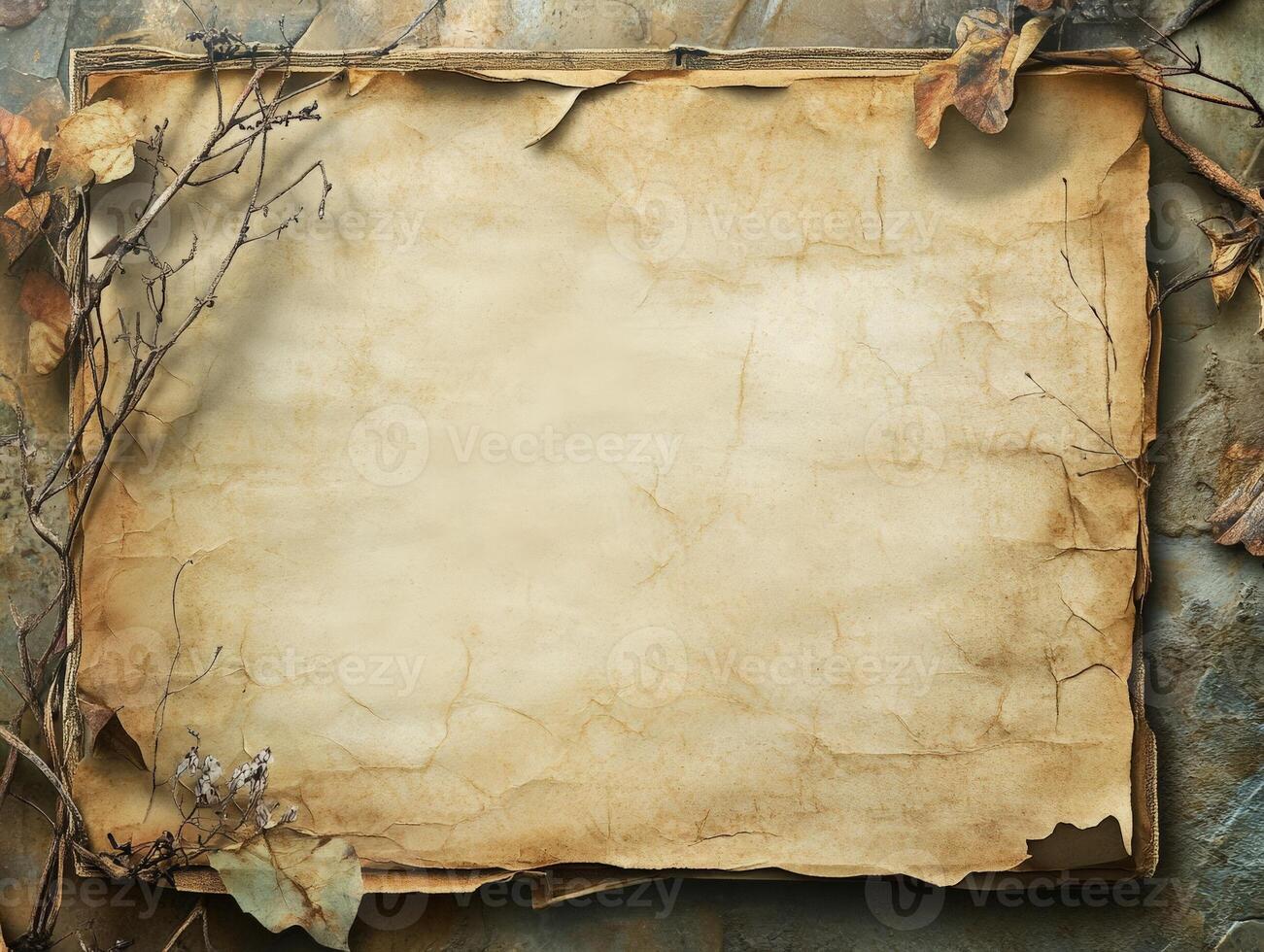 A textured, aged parchment surrounded by dried leaves, ideal for crafting or invitations. photo