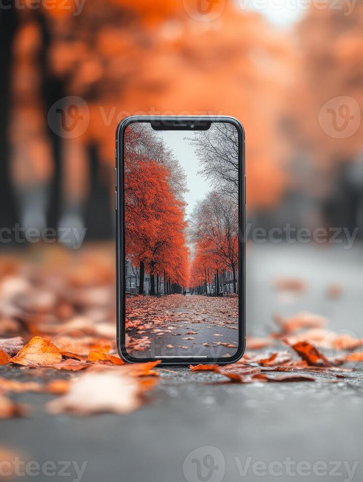 A smartphone displaying a vibrant autumn scene amidst fallen leaves. photo