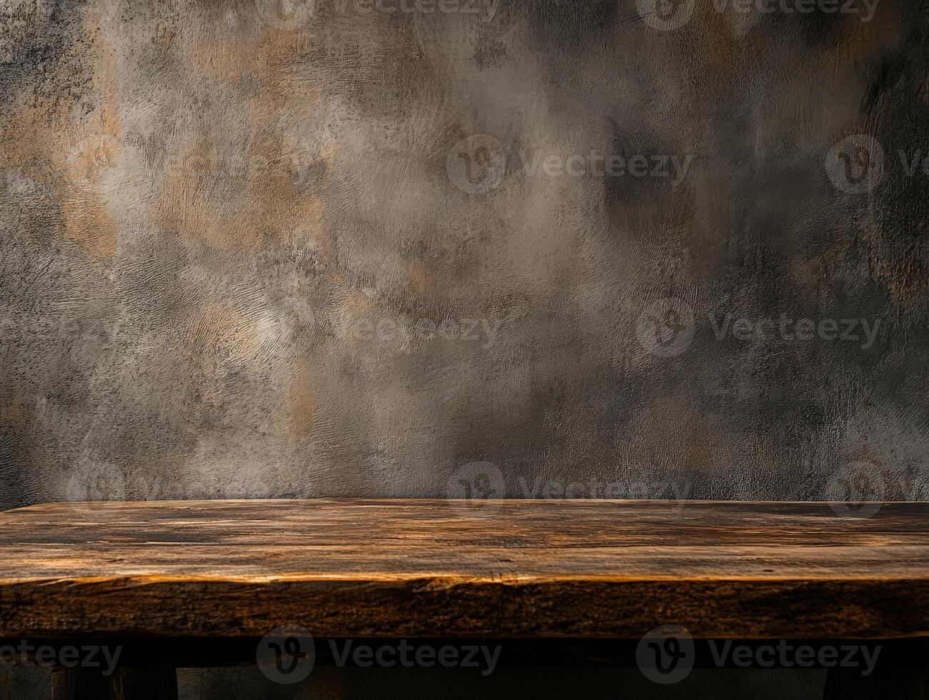 A rustic wooden table against a textured, dark wall, ideal for photography or design use. photo