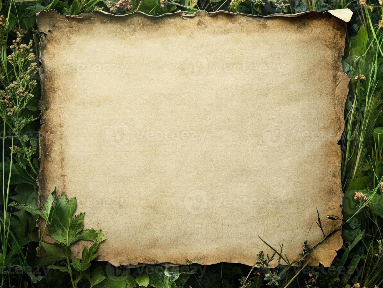 A vintage parchment paper surrounded by green grass and plants, ideal for notes or invitations. photo