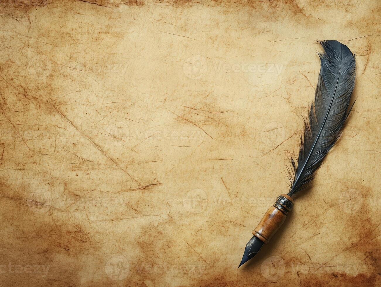 A vintage quill pen resting on aged parchment, evoking a sense of historical writing. photo