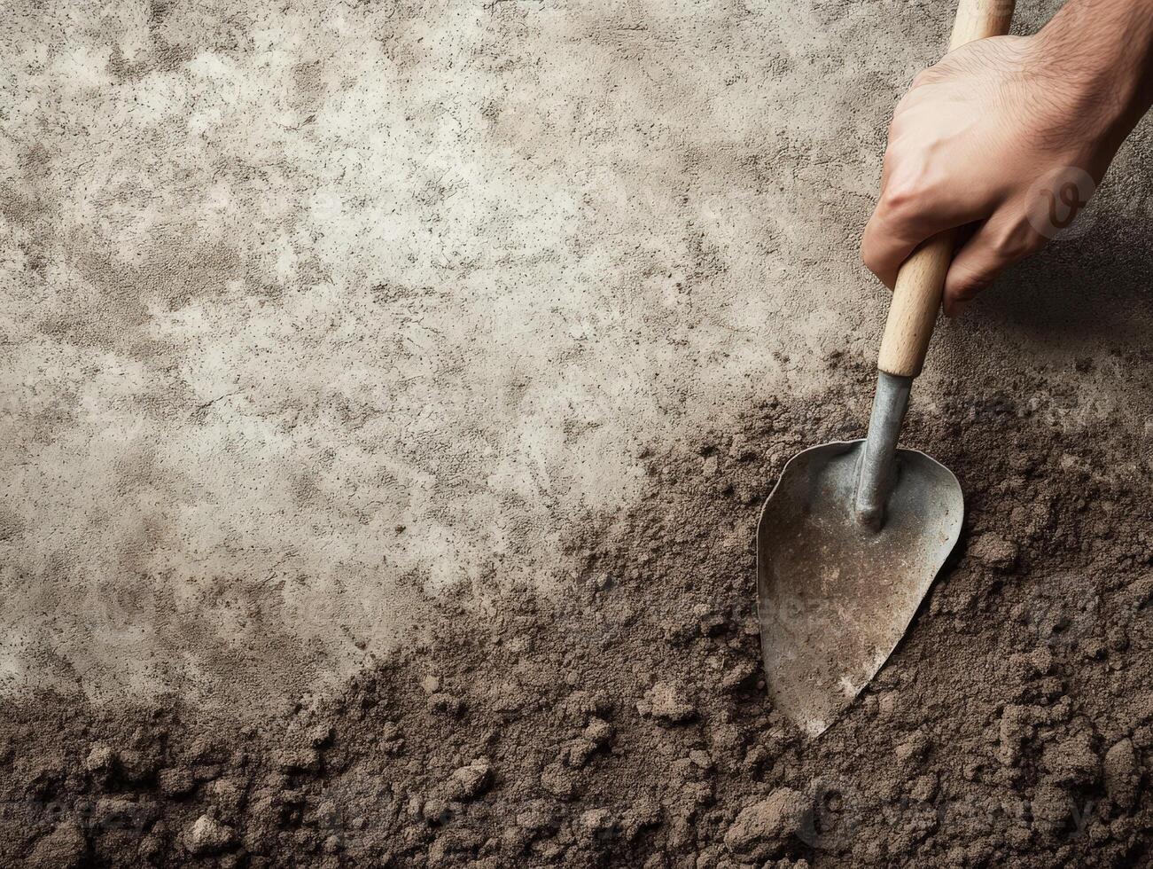 A hand using a shovel to dig into soil on a textured surface. photo