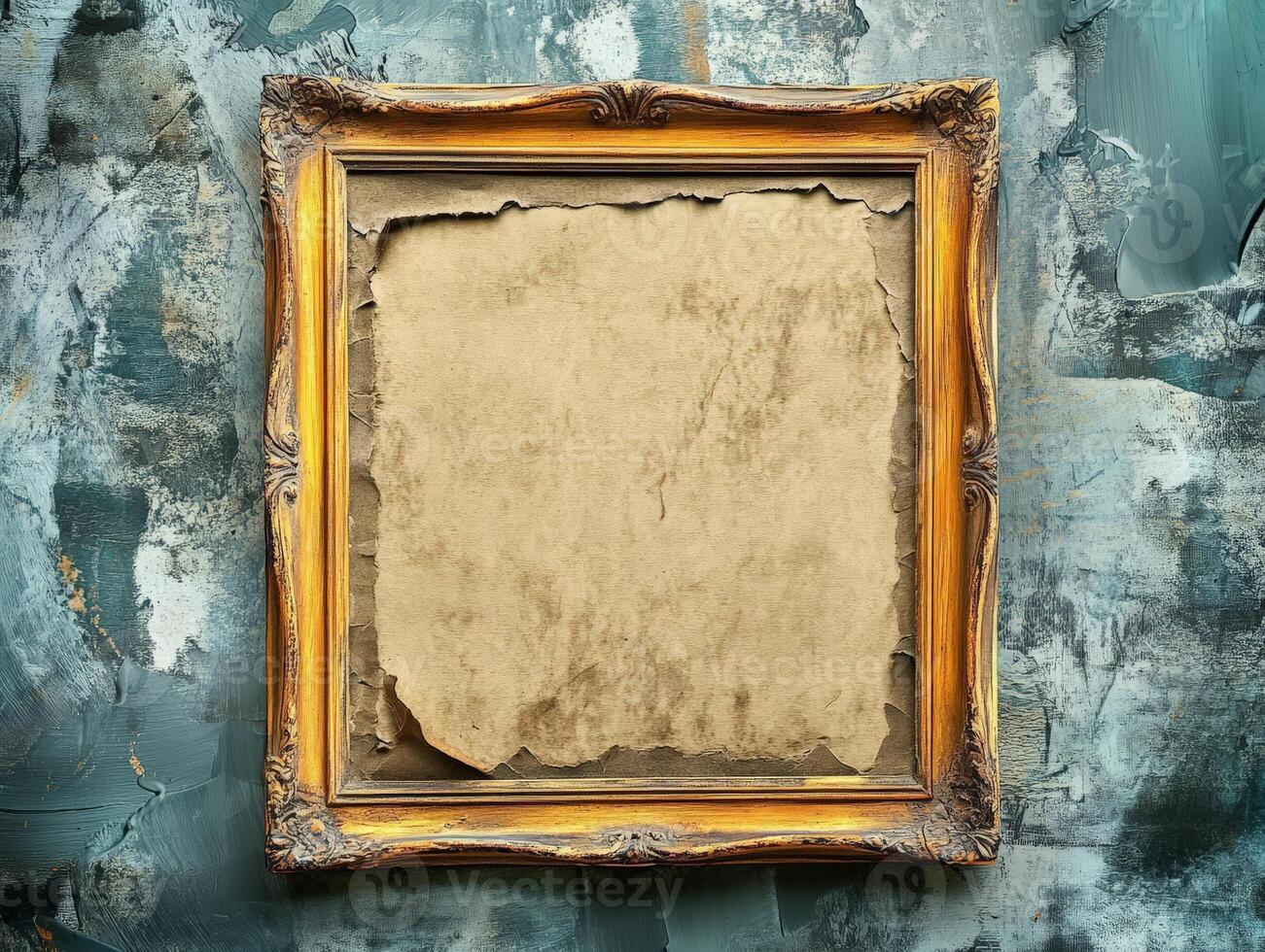 An ornate frame displaying blank, aged paper against a textured background. photo