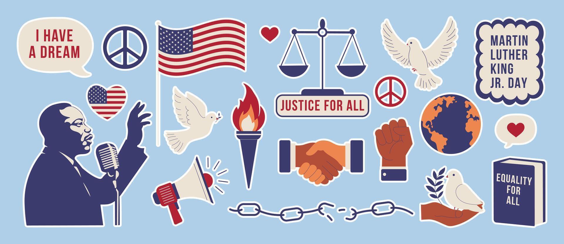 A collection of images and text that includes Martin Luther King Jr. Day, the American flag vector
