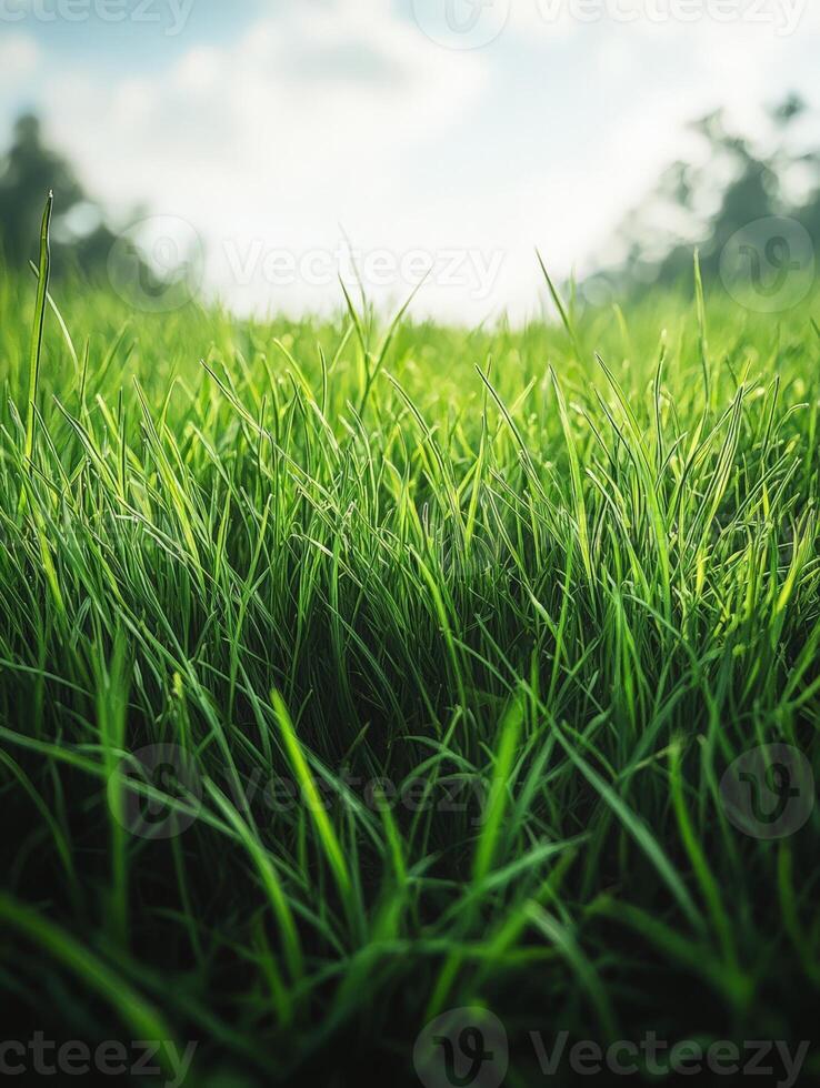 A close-up view of lush green grass under a bright sky, evoking nature's tranquility. photo