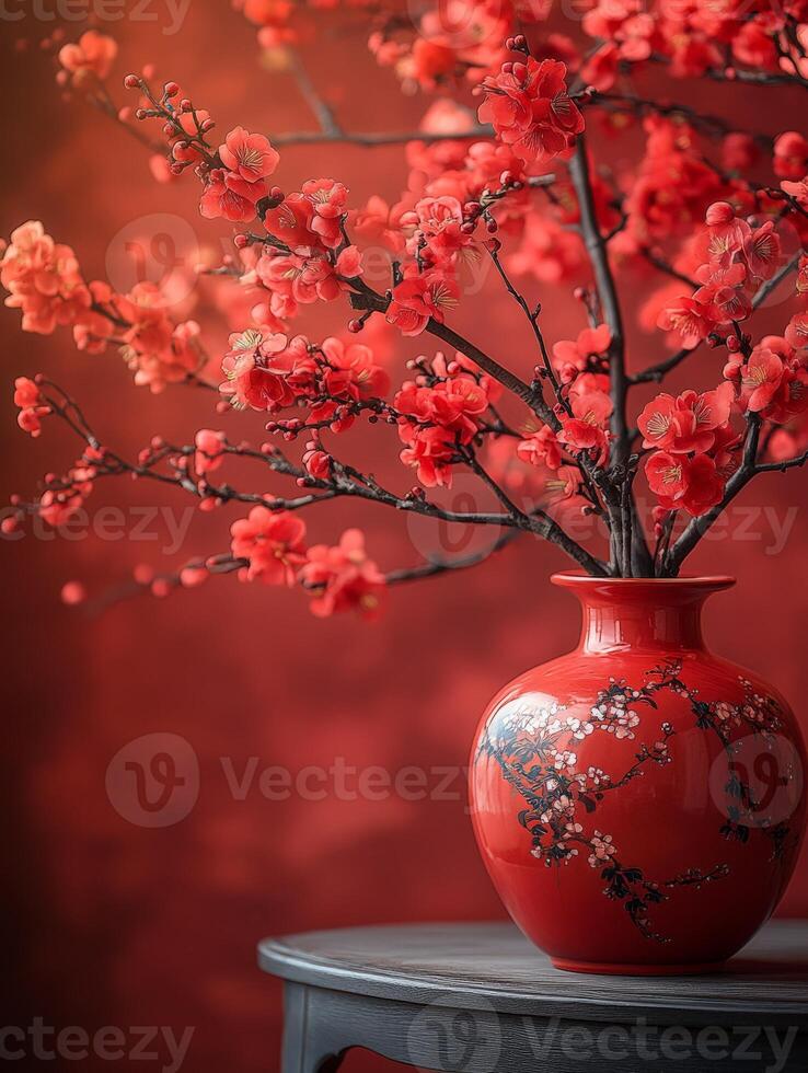 A vibrant red vase with blossoming branches against a warm backdrop, symbolizing beauty and elegance. photo