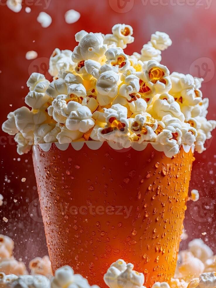 A close-up of a popcorn bucket overflowing with popcorn, with droplets on the surface. photo
