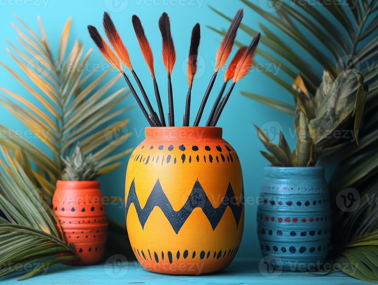 A vibrant display of painted pottery with brushes and tropical leaves. photo