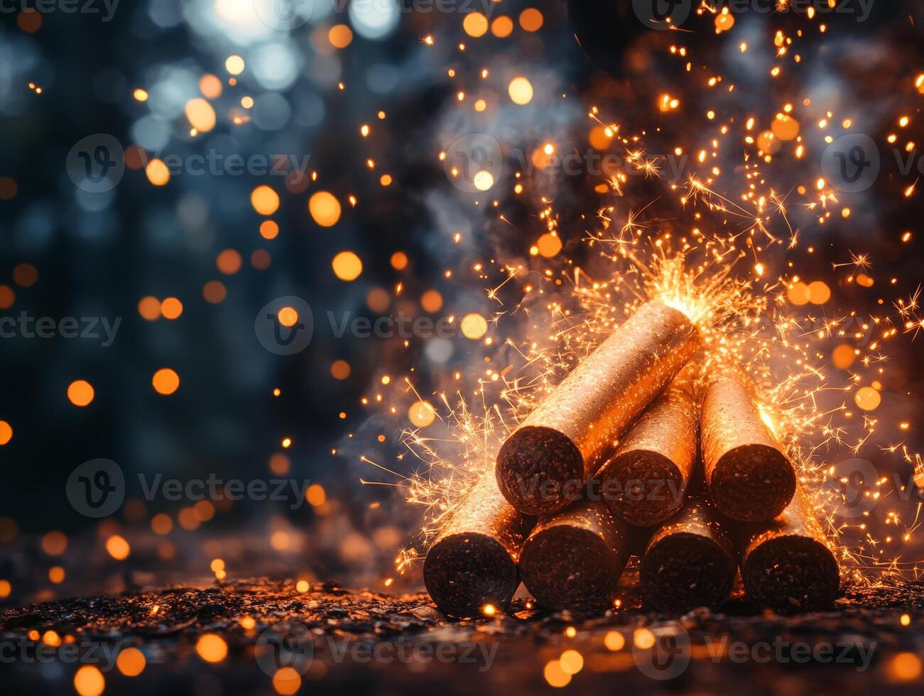 A stack of firecrackers igniting sparks in a dark, blurred forest background. photo