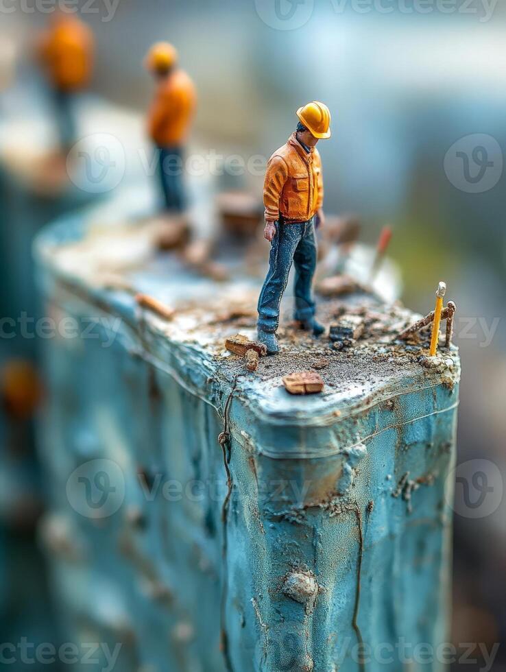 Miniature construction workers on a building site, showcasing detailed craftsmanship. photo