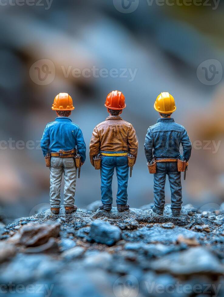 Three miniature construction workers facing away, set against a blurred rocky background. photo