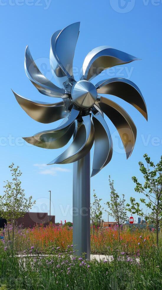 Modern wind turbine sculpture in a park surrounded by colorful wildflowers mobile phone wallpaper photo