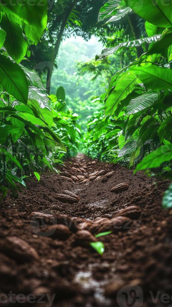 Pathway through lush greenery with cacao pods on the ground, perfect for mobile phone wallpaper photo