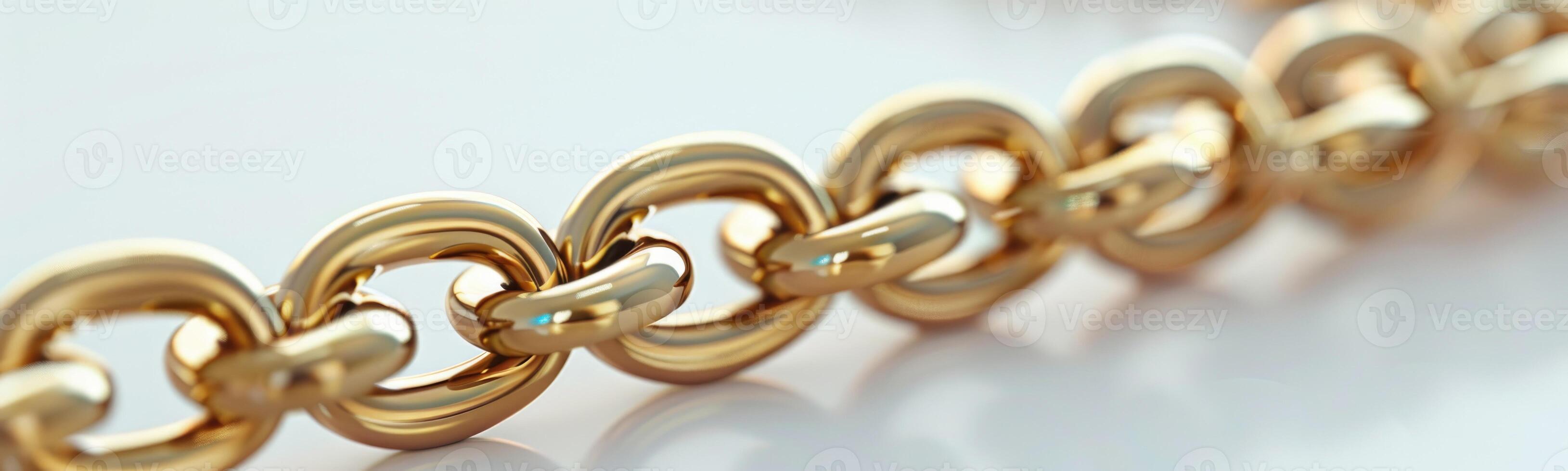 Detailed view of a golden chain with interlocking links glistening under bright light at a jewelry display photo