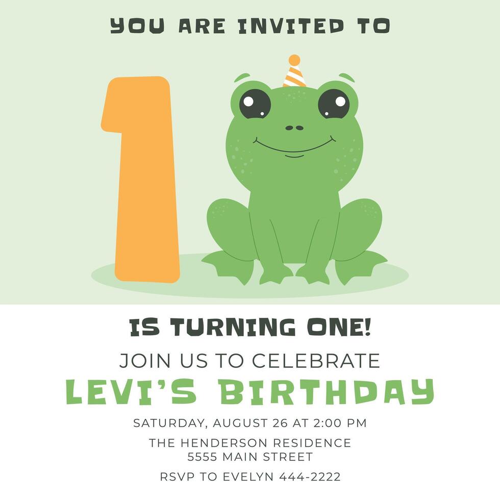 Greeting and invitation card for first kids Birthday party. Cute baby frog and number 1 in flat childrens style. illustration, design for card, poster, event vector
