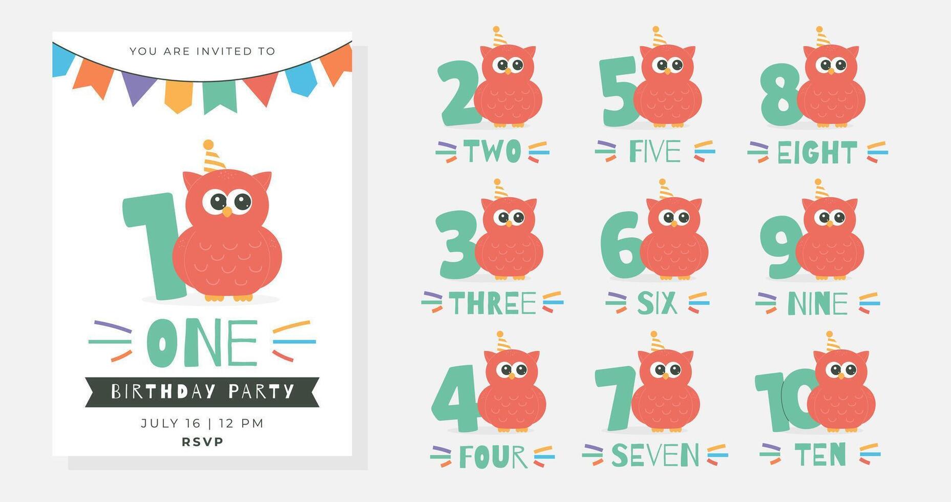 Greeting and invitation for kids Birthday party. Cute owl and set of numbers and text with bird in flat childrens style. illustration collection, design for card, poster, event, prints vector