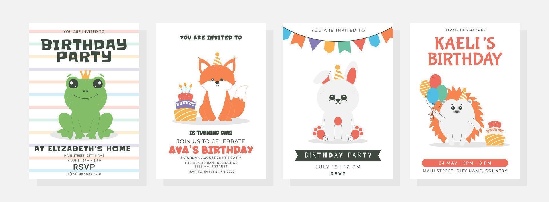 Happy birthday posters set with cute little rabbit, hedgehog, frog, fox, cake, balloons, crown, candles, hat. Birthday party illustration for greeting card, invitation, banner and more vector